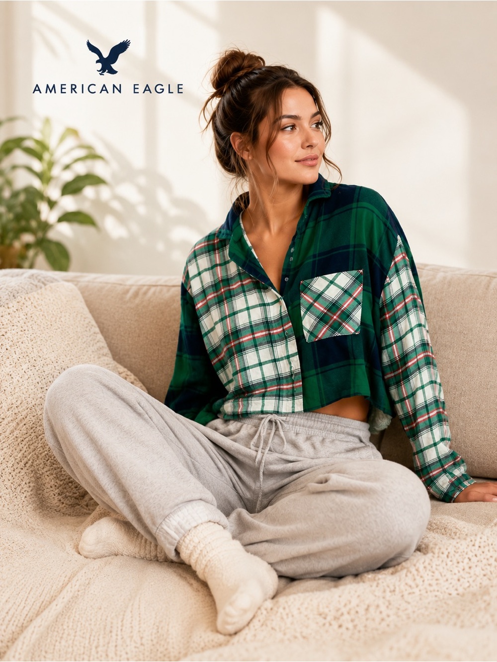 American Eagle Outfitters Lounge  Green Plaid‎ Cropped Button-Up Shirt XS